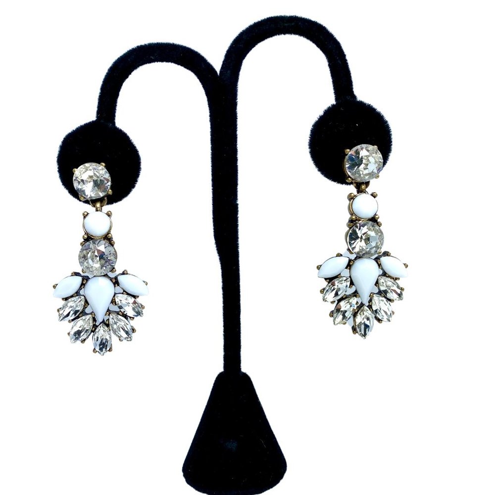 Statement Chandelier Earrings Clear and White Stones Stud Post for Pierced Ears - Picture 3 of 4